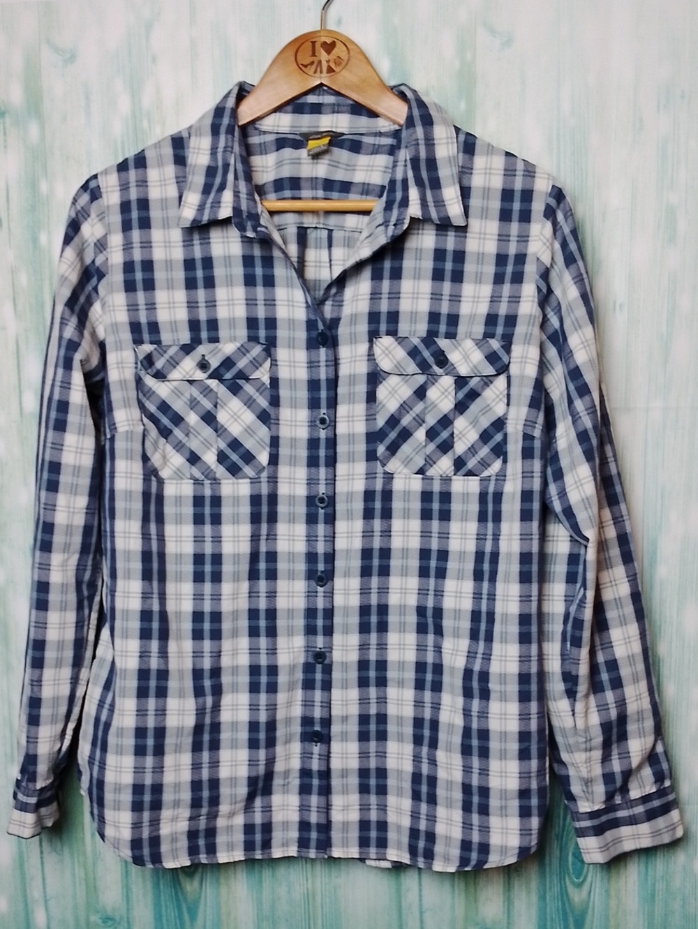Eddie Bauer Long Sleeve Button Down Shirt Plaid Blue & White Large